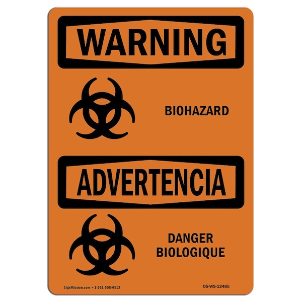 Safety Sign, OSHA WARNING, 18" Height, 24" Width, Biohazard Bilingual, Landscape, WS-D-1824-L-12485